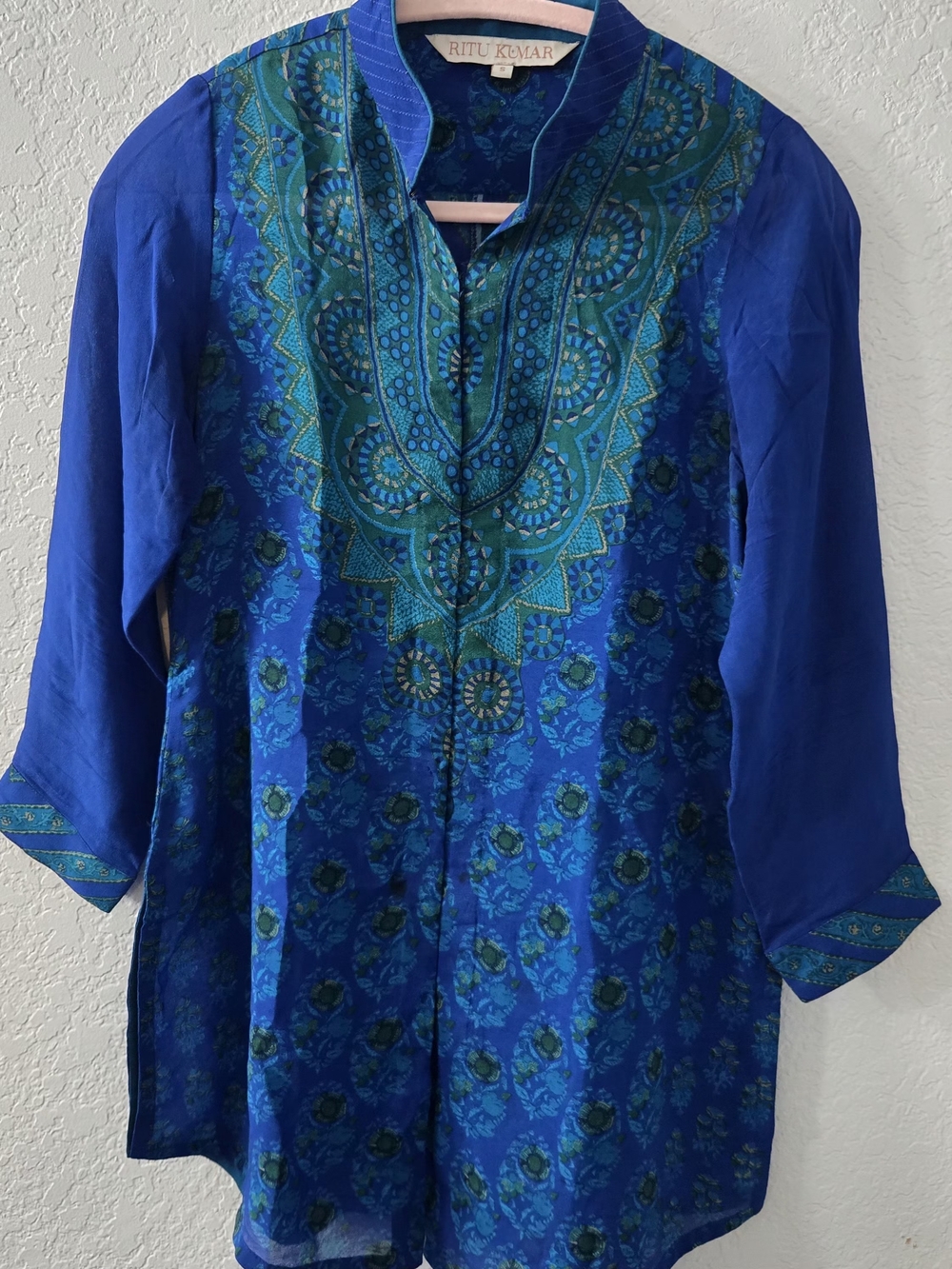 Ritu Kumar 100% Pure Silk Kurti Tunic Top Blue/Turquoise (Flaw)
